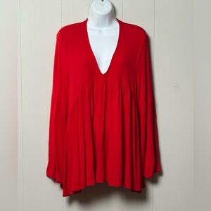 Eri and Ali Viscose Blend Loose Red Women Boho Top Bubble Sleeve ButtonBack Sz L